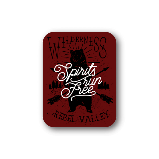 Red vinyl sticker, square, with black bear and run free lettering