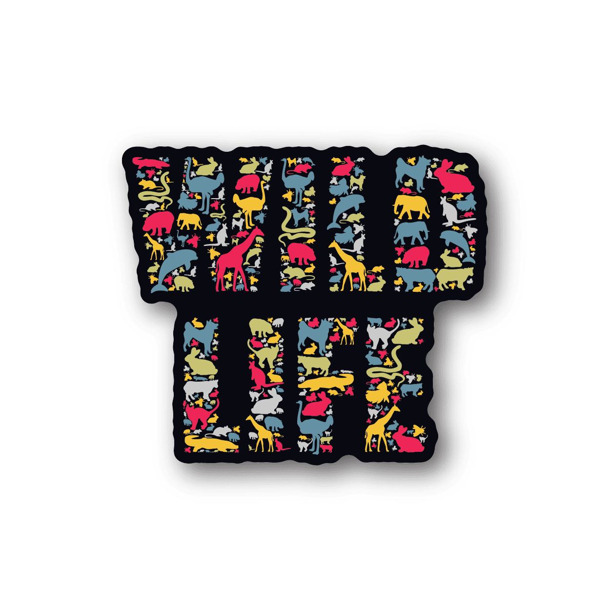 Wildlife animal collage vinyl sticker, rounded rectangle with colorful dogs, cats, birds