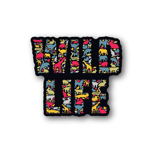 Wildlife animal collage vinyl sticker, rounded rectangle with colorful dogs, cats, birds