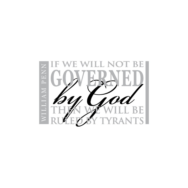 Die-cut quote decal close-up with stacked black text on light rectangle, 'Governed' and 'tyrants'