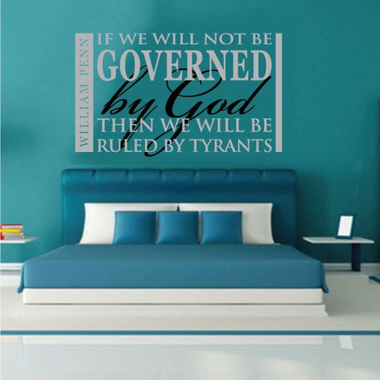Quote printed die-cut decal with William Penn text, 'Governed by God' in green and white