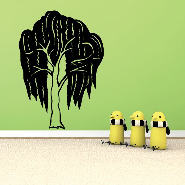 Vinyl wall decal featuring a black dripping tree and three small yellow figures