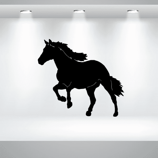 Black horse silhouette decal, side profile with flowing mane and tail