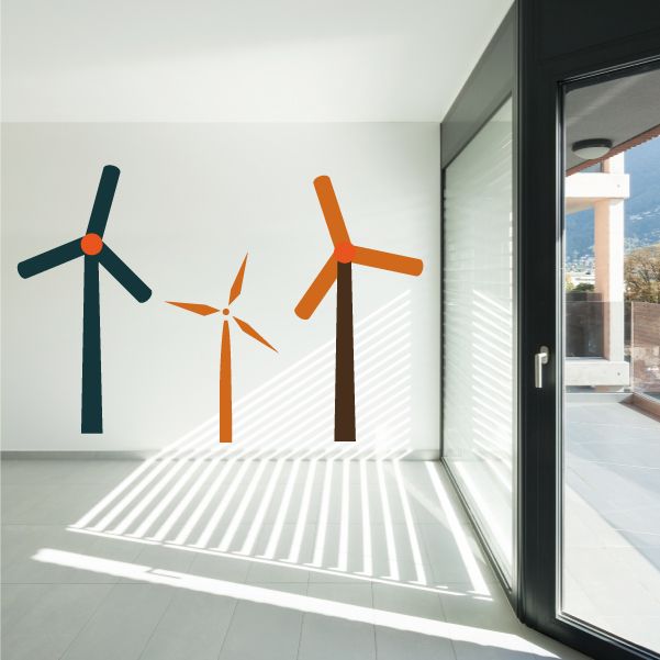 Wind turbine wall decal set of three vinyl stickers with teal and orange blades