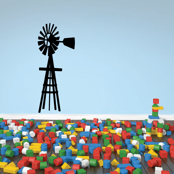 Black windmill vinyl wall decal with rotating-style blades and tower silhouette