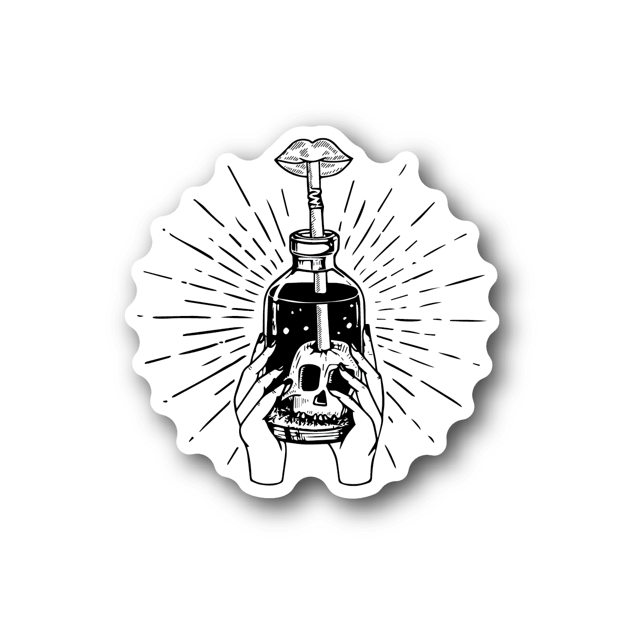 Vinyl sticker with white border, black line art wine bottle and skull