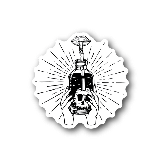 Vinyl sticker with white border, black line art wine bottle and skull