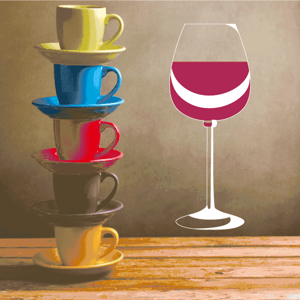 Wine glass with red and white swirl sticker, slender stem and round bowl