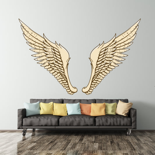 Gold wing stickers with feathered details, two wings mirrored on a wall