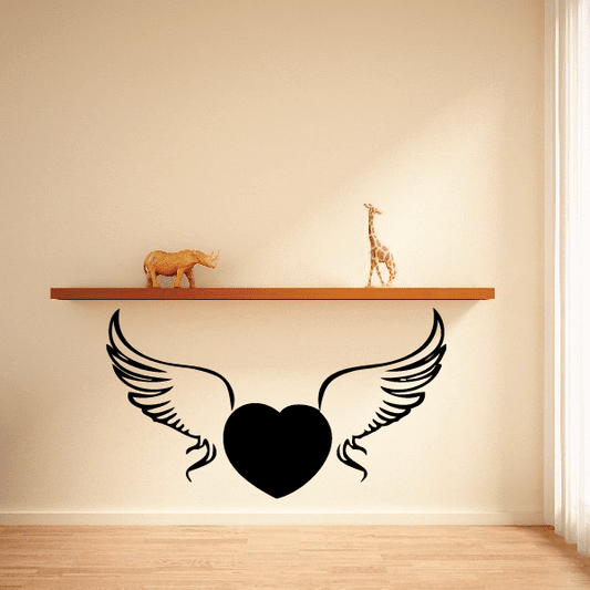 Black winged heart wall decal with outlined wings and a solid heart center