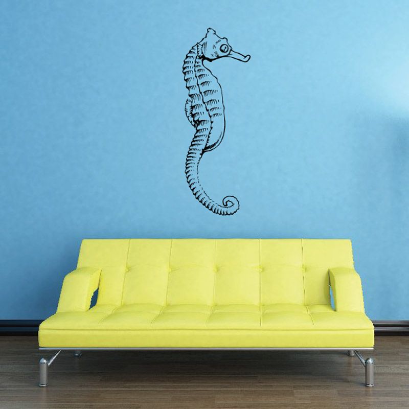 Winged seahorse decal with blue line art, single seahorse with small wings.