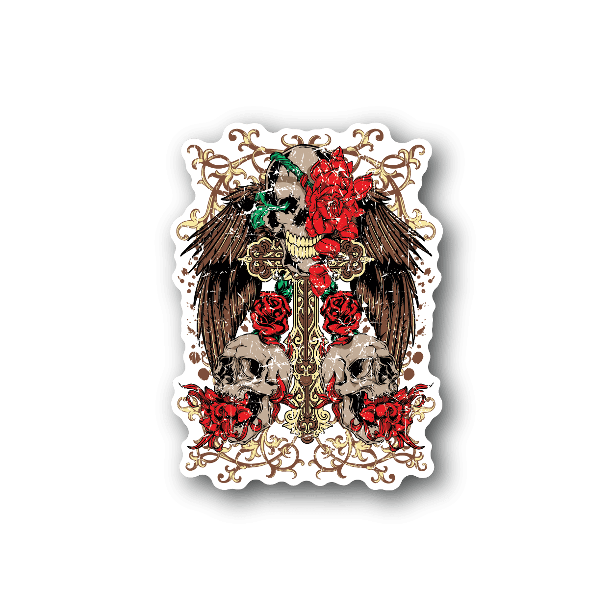 Vinyl sticker of winged skull with red roses and green highlights, ornate floral frame