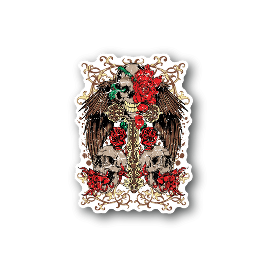Vinyl sticker of winged skull with red roses and green highlights, ornate floral frame