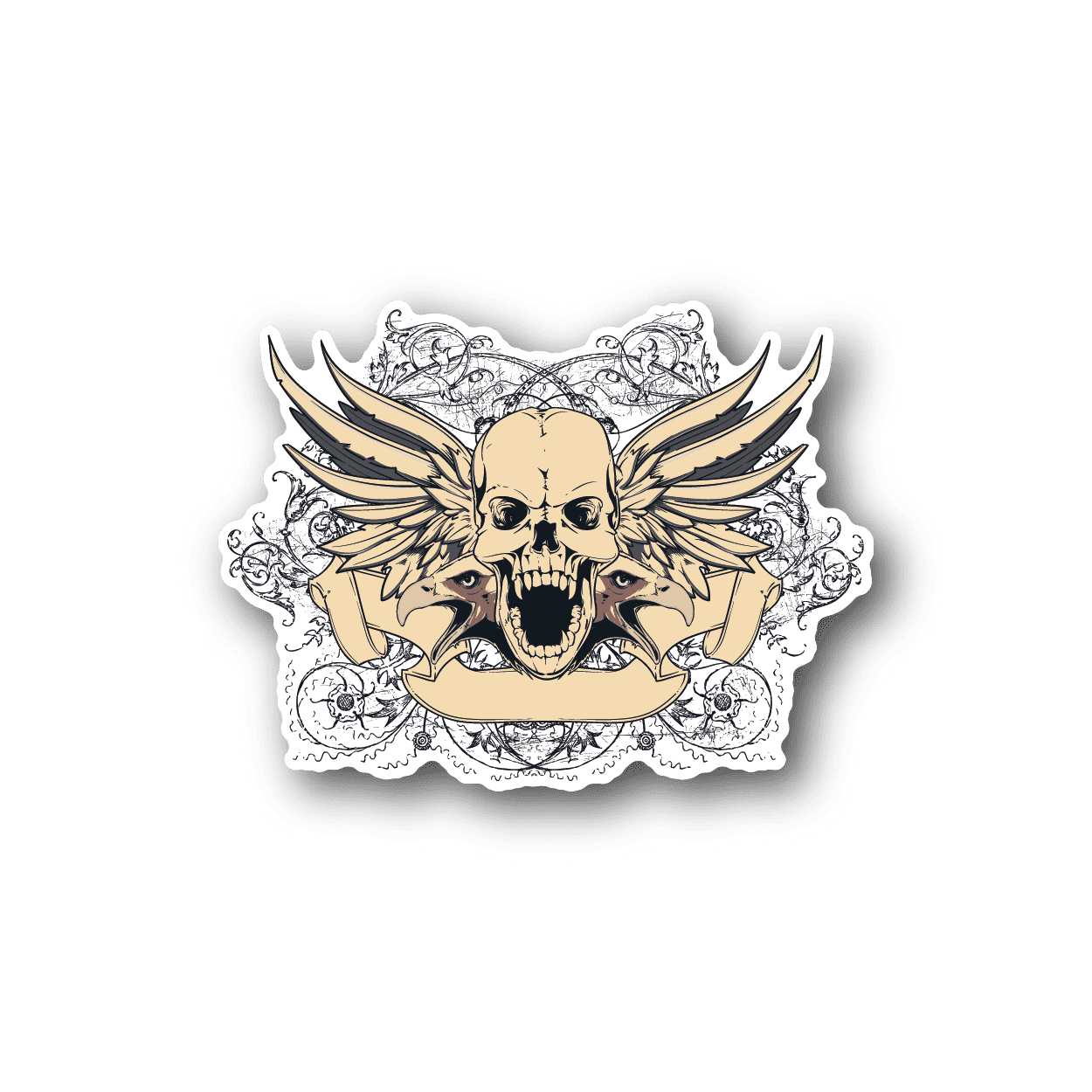Vinyl sticker with winged skull rock logo, beige skull, gold wings, white line art