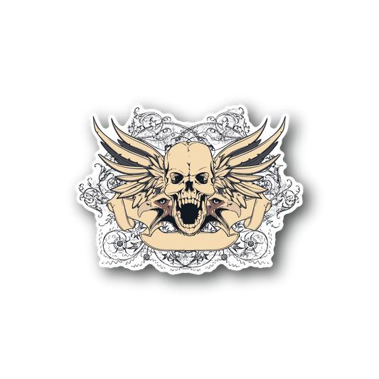 Vinyl sticker with winged skull rock logo, beige skull, gold wings, white line art