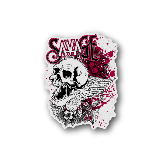 Vinyl sticker with winged skull graphic, red and white splatter, Savage logo
