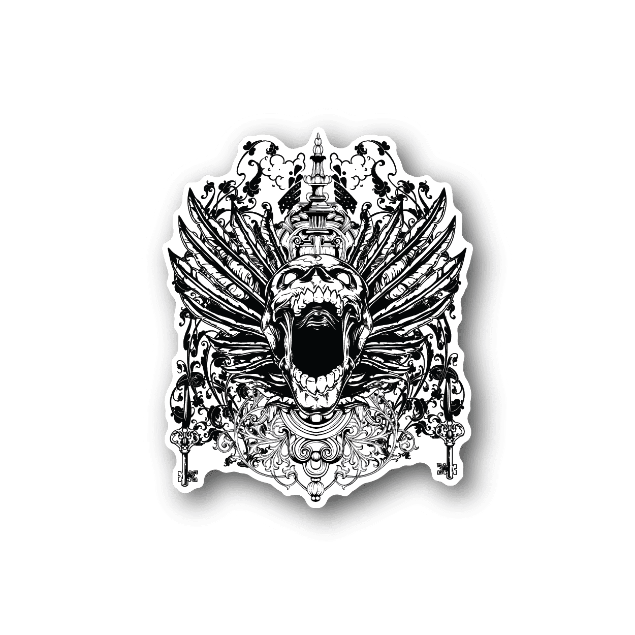Winged skull graphic vinyl sticker with black-and-white ornate wings