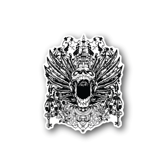 Winged skull graphic vinyl sticker with black-and-white ornate wings