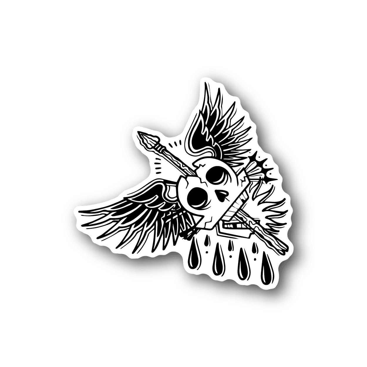 Winged skull tattoo vinyl sticker, black and white skull with wings