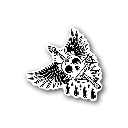 Winged skull tattoo vinyl sticker, black and white skull with wings