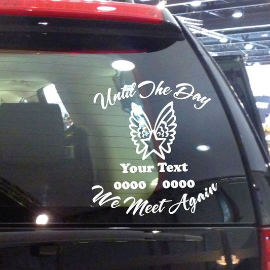 Winged star remembrance car decal with butterfly icon and editable message text