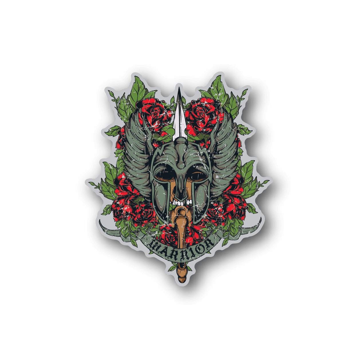 Winged warrior vinyl sticker with skull, red roses, green leaves, and gray wings