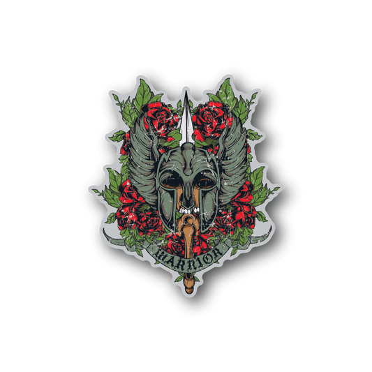 Winged warrior vinyl sticker with skull, red roses, green leaves, and gray wings