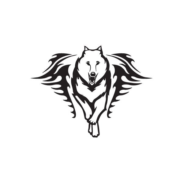Winged wolf decal, black and white stylized wolf with outstretched wings