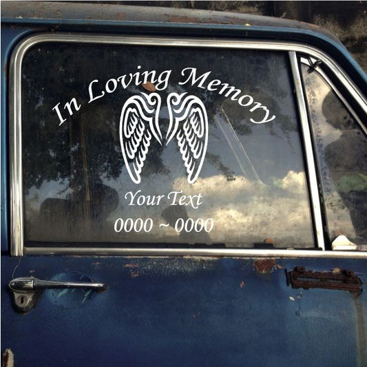 Memorial wing decal: “In Loving Memory” with “Your Text” line