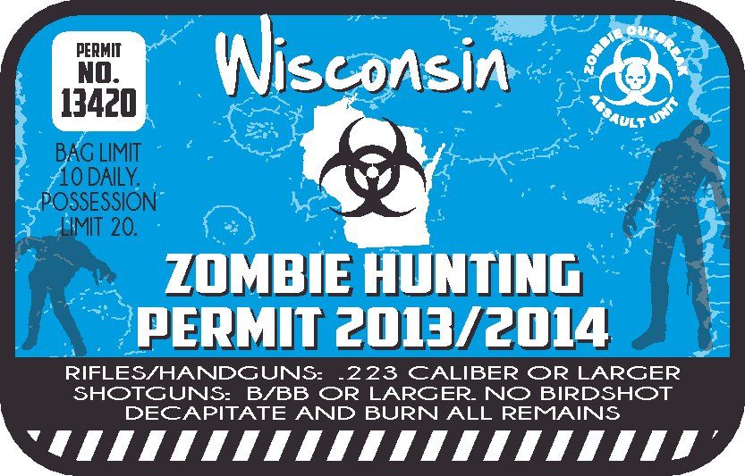 Blue Wisconsin zombie hunting permit sticker with biohazard symbol and permit text