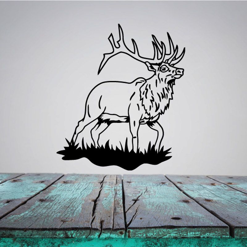 Elk wall decal with strolling stag illustration, black line art on white background