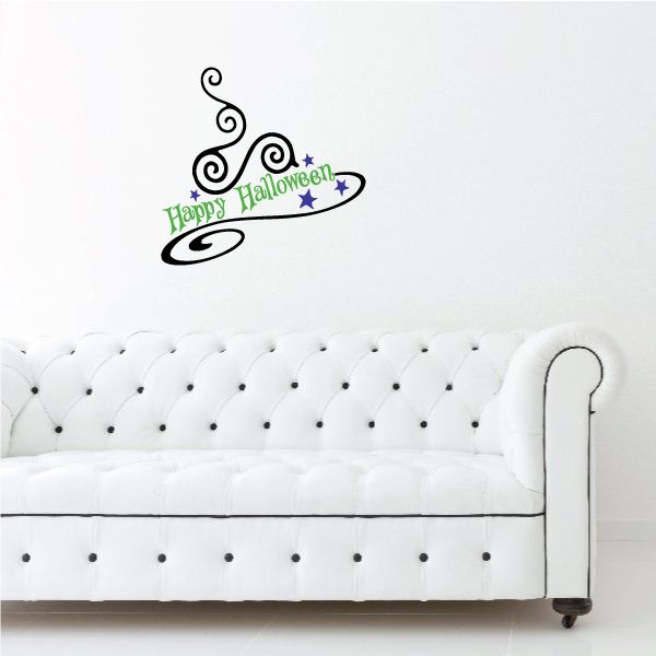 Happy Halloween witch hat swirl wall decal with green and blue lettering