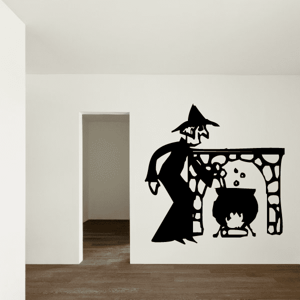 Witches Brew stirring cauldron decal, witch silhouette with black cauldron graphic