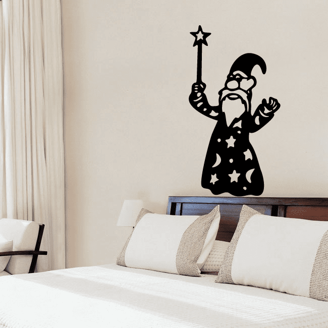 Black wizard vinyl wall decal holding a wand with star, removable for indoor walls