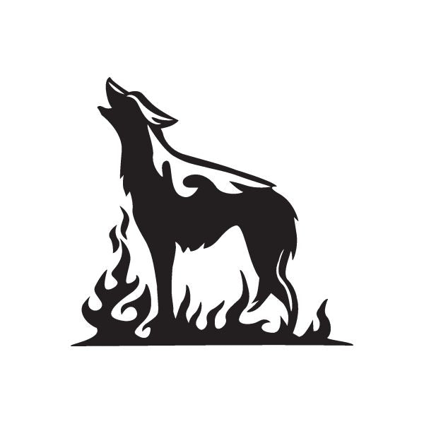Wolf decal of a black wolf with flames and a ground base