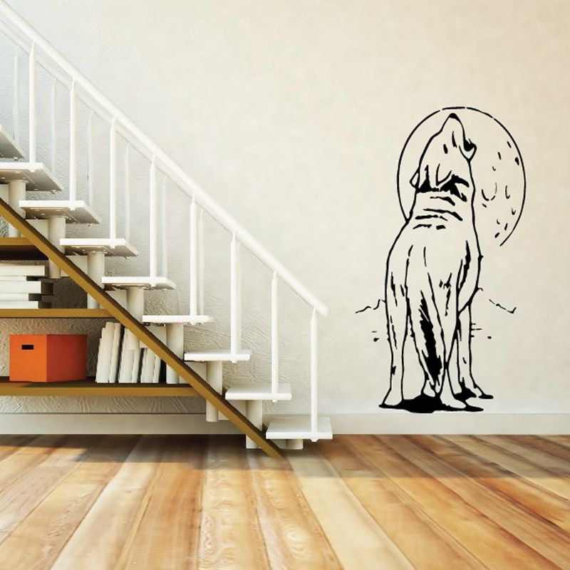 Wolf howling wall decal, black and white outline of standing wolf