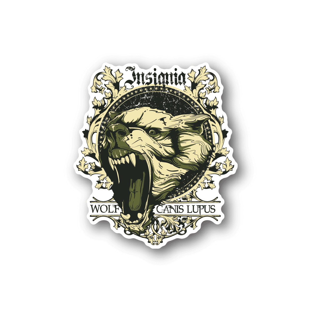 Wolf insignia vinyl sticker with roaring wolf head and ornate crest, text accents