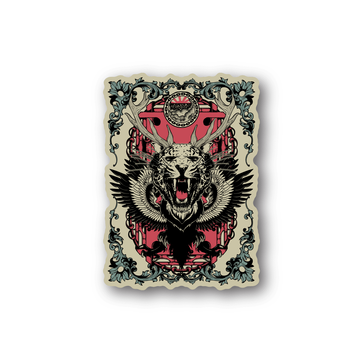 Wolf mix vinyl sticker with roaring wolf head and wings, ornate frame