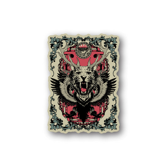 Wolf mix vinyl sticker with roaring wolf head and wings, ornate frame