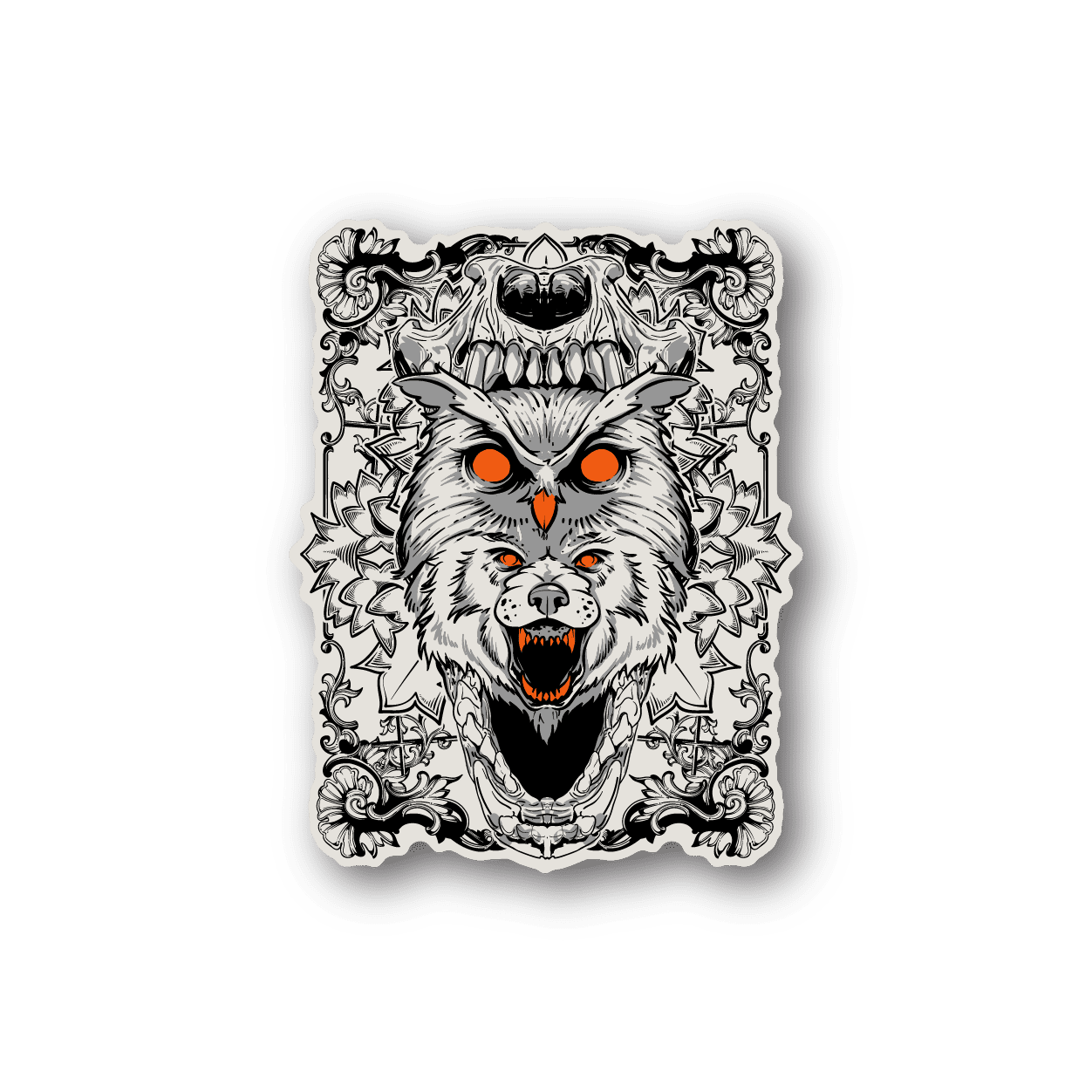 Vinyl wolf sticker with white fur, orange eyes, and ornate black-and-white border