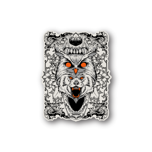 Vinyl wolf sticker with white fur, orange eyes, and ornate black-and-white border