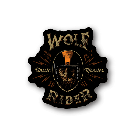 Motorcycle vinyl sticker with wolf head and gold lettering, includes 'WOLF RIDER'.