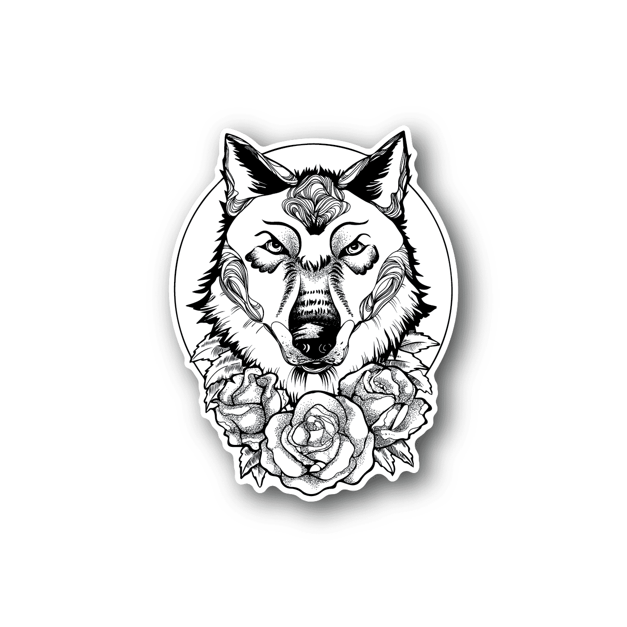 Wolf head vinyl sticker with roses, monochrome black and white design
