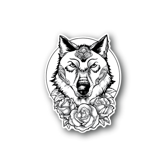 Wolf head vinyl sticker with roses, monochrome black and white design