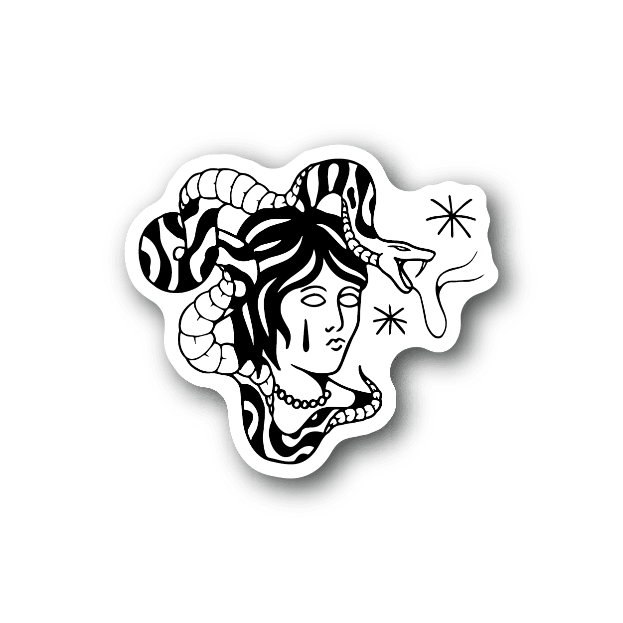 Snake-and-woman vinyl sticker, black and white outline design