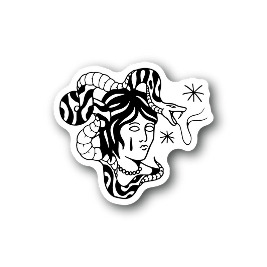Snake-and-woman vinyl sticker, black and white outline design