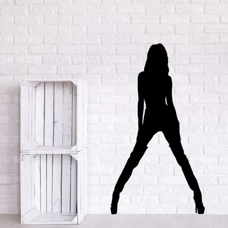 Black female silhouette vinyl wall decal, standing pose with legs apart.
