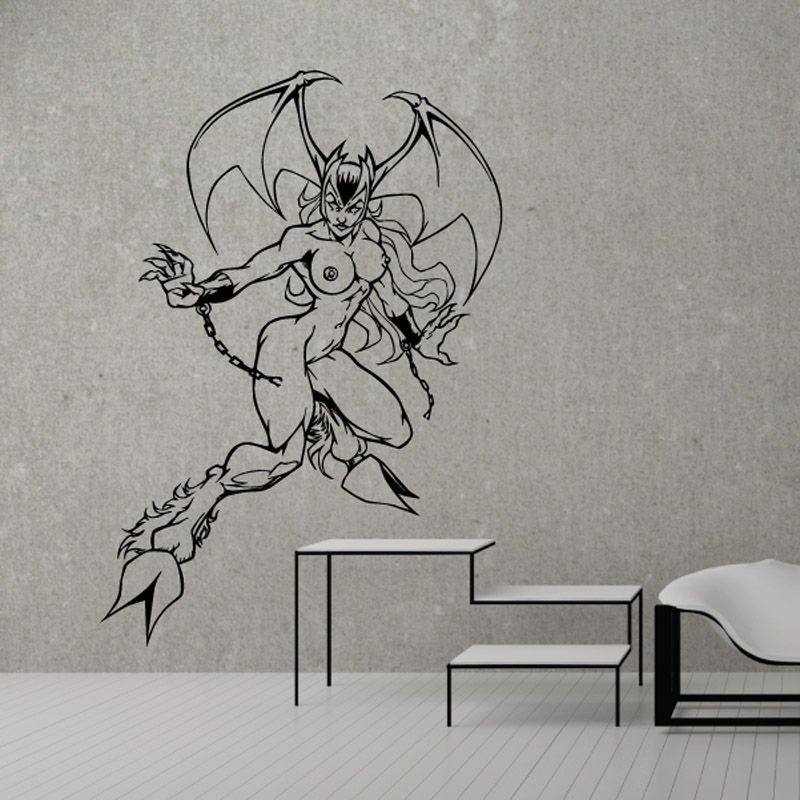 Black vinyl wall decal of winged anime female silhouette in dynamic pose