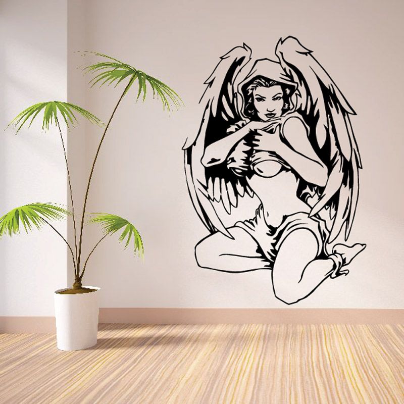 Angel silhouette women wall decal in vinyl, kneeling figure with wings and palm leaves