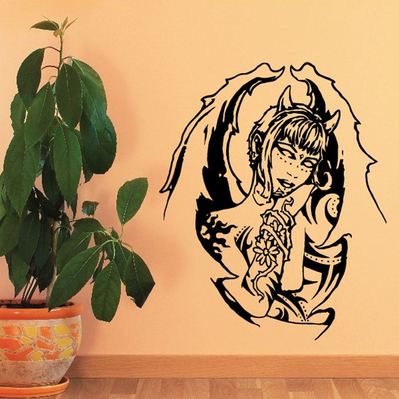 Black vinyl wall decal featuring a stylized female silhouette with flowing hair